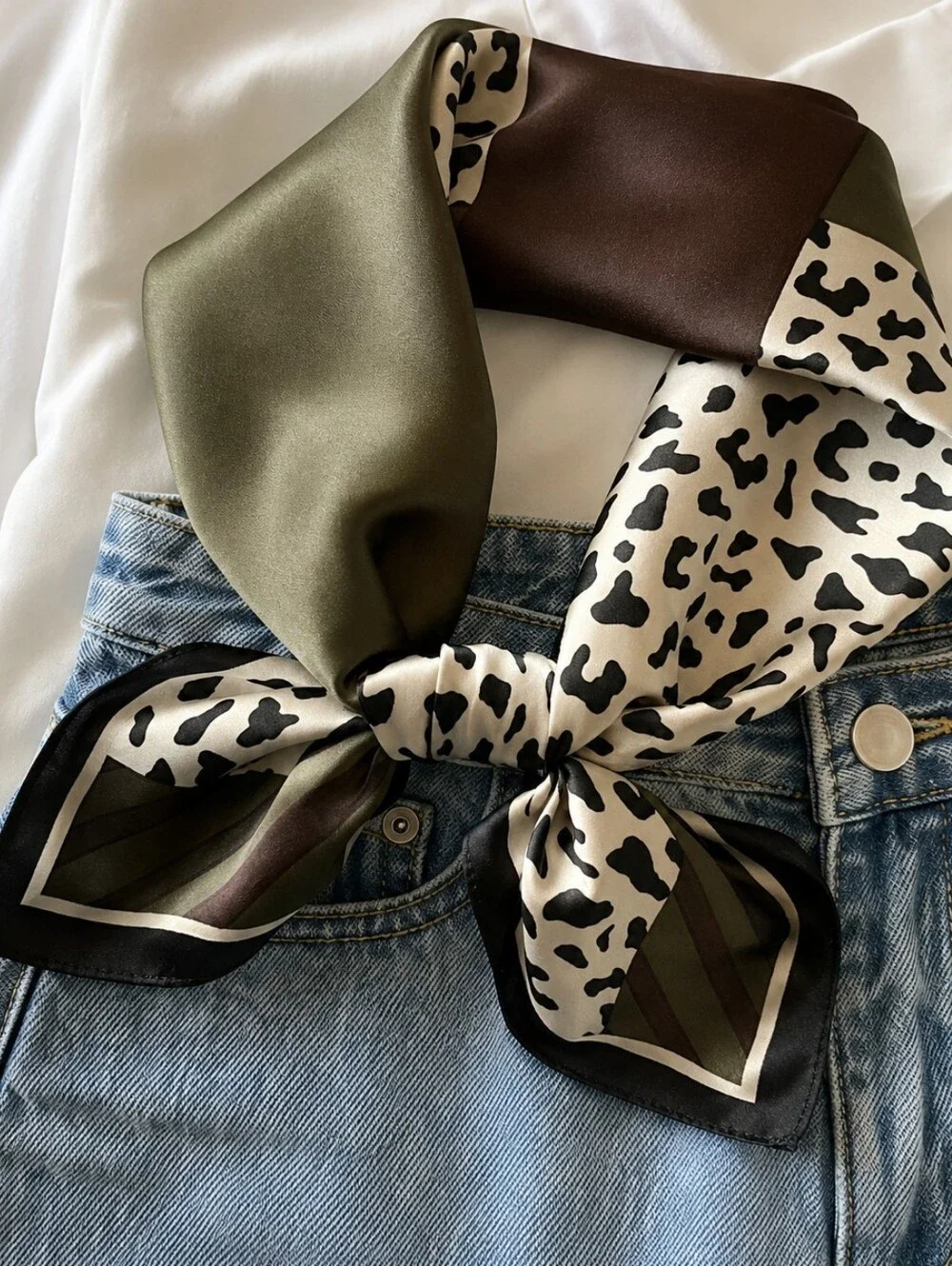 Olive  Green Leopard Print Square Scarf
